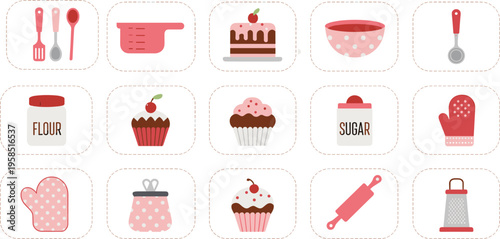 Cute flat baking vector icon set with cupcakes cake flour sugar and kitchen tools for cafe menu design.