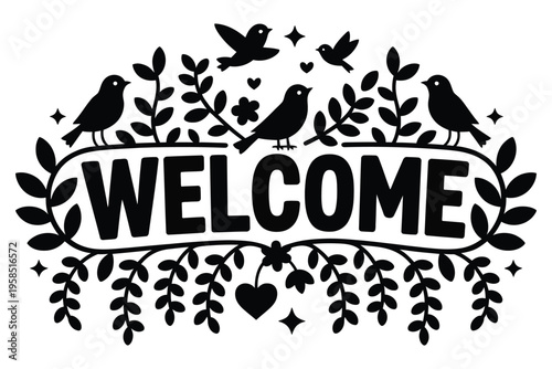 welcome text banner birds leaves heart stars decorative border foliage nature greeting sign transparent background