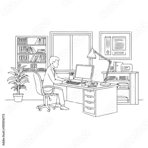 Man working at a computer desk in a home office environment with bookshelves and plants 148 characters