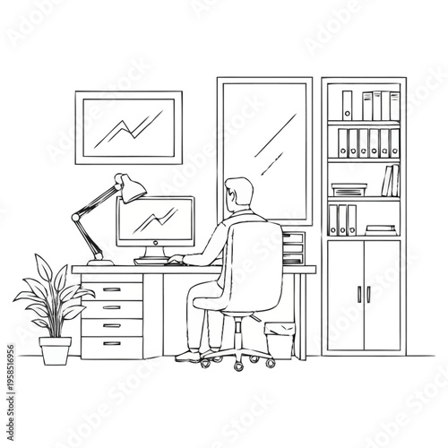 Modern office workspace setup with a person working on a computer at a desk with lamp and plant and shelves file cabinet