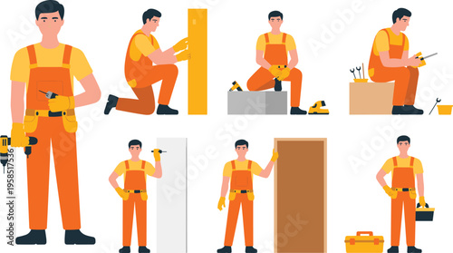 Handyman character set in orange overalls with tools drill and toolbox for construction renovation and home repair service vector