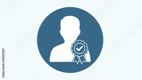Professional certification icon showing a person silhouette with a checkmark ribbon seal inside a blue circle for verified user status.