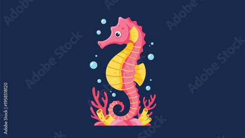 Vibrant pink and yellow seahorse swimming underwater surrounded by bubbles and colorful coral reefs against a dark blue background.