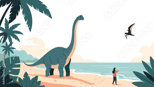 Large long neck dinosaur brachiosaurus on a tropical beach with palm trees and a flying pterodactyl as a person takes a photo.