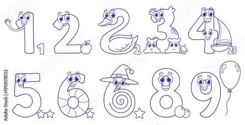 Fun and engaging cartoon outline drawings featuring numbers one through nine cleverly disguised as playful characters and objects for educational coloring activities.