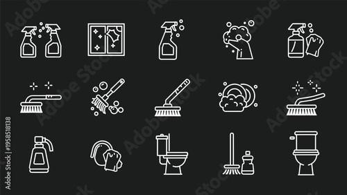 Set of fifteen cleaning icons in white line style on a dark background showing spray bottles, brushes, mop, toilet, and washing dishes.