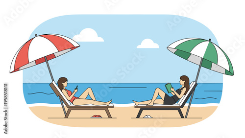 Two women relaxing on sun loungers under beach umbrellas while reading a book and using a phone at the seaside on a sunny day.