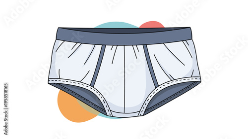 Simple illustration of a pair of mens white briefs with a grey waistband set against soft colored circular shapes on a white backdrop.