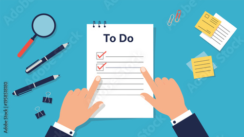 Top down view of hands working on a to-do list with checked boxes, pens, magnifying glass, and sticky notes on a blue desk.