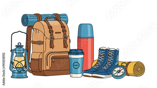 Detailed illustration of outdoor camping and hiking gear including a large backpack, lantern, thermos, boots, and compass.