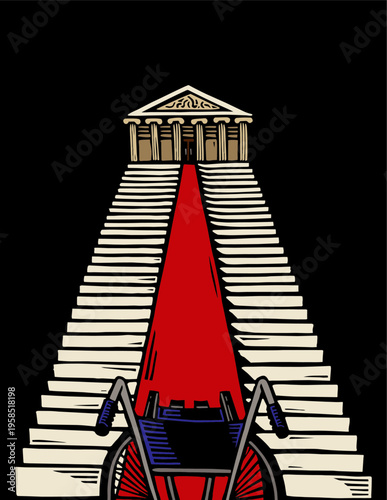 Woodcut illustration of a wheelchair facing monumental courthouse steps with red carpet path symbolizing legal accessibility, disability rights, justice reform, ADA compliance, and removing barriers.