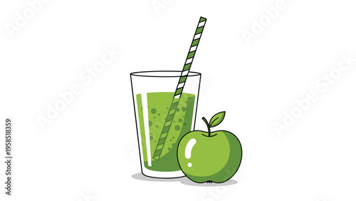 Healthy green fruit and vegetable smoothie in a glass with a striped straw placed next to a fresh green apple on a white background.