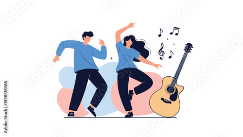 Happy man and woman performing an energetic dance together with flying musical notes and a large acoustic guitar in the background.