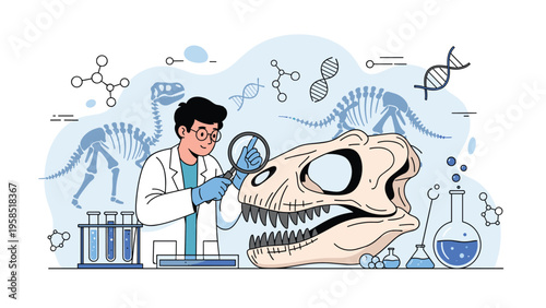 Dedicated paleontologist examining a large dinosaur skull fossil using a magnifying glass in a laboratory filled with scientific tools.