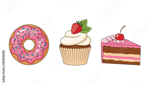 Selection of delicious sweet bakery treats including a pink glazed donut, a chocolate cupcake, and a cherry topped pink cake slice.
