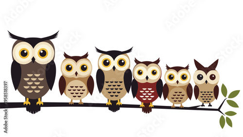 Group of six colorful owls of various sizes and patterns perched together on a brown tree branch with small green leaves and stems.