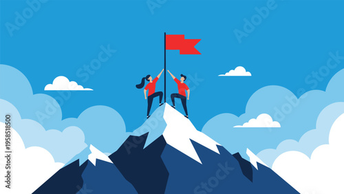 Successful man and woman celebrating on a mountain peak while holding a bright red flag under a clear blue sky with white clouds.