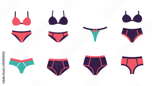 Collection of eight women's lingerie sets including bras and various styles of panties in pink, purple, and teal colors for retail use.
