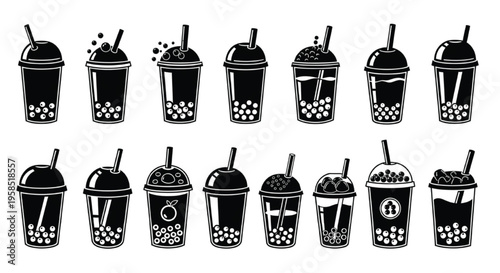 Bubble Tea Silhouette Icon Set, Boba Drink Black Vector Collection with Cups and Tapioca Pearls
