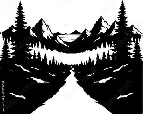 Black silhouette mountain landscape, scenic vector illustration, forest and road, monochrome travel design