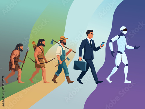 evolution man primitive caveman modern businessman artificial intelligence robot