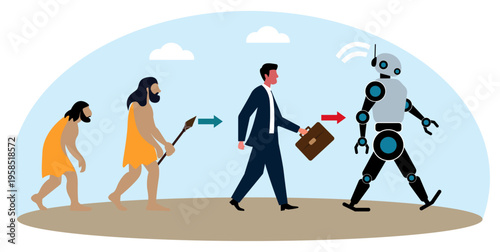 evolution man primitive caveman modern businessman artificial intelligence robot