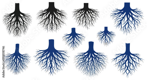 Abstract Tree Roots Collection: Black and Blue Silhouettes on White Background
