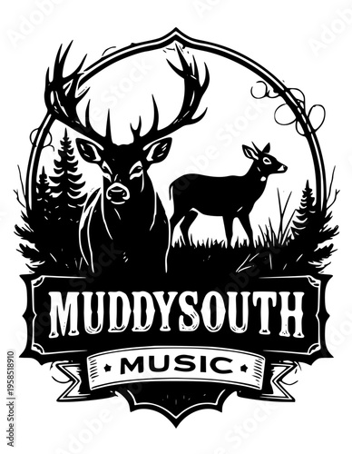 A logo with a deer and a doe in a forest isolated on transparent background