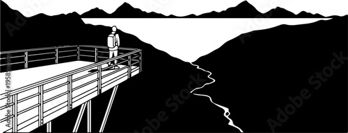 Black and white vector illustration of a person on a bridge, mountain landscape, scenic view