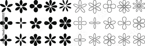 Minimal Flower Icon Set – Black and Outline Floral Symbols Collection Vector Style