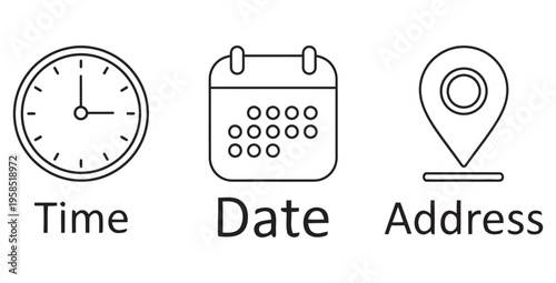 Simple black and white line art icons clearly illustrating essential meeting details including specific time date and physical location address information for planning.