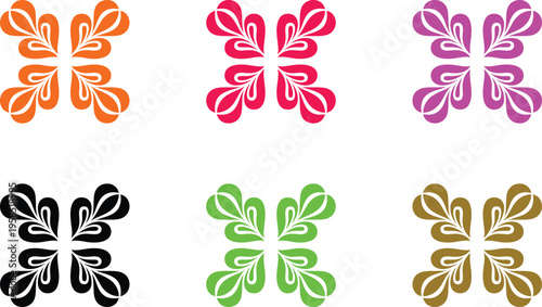 Geometric Flower Icon Set – Symmetrical Floral Shapes in Colorful Vector Style