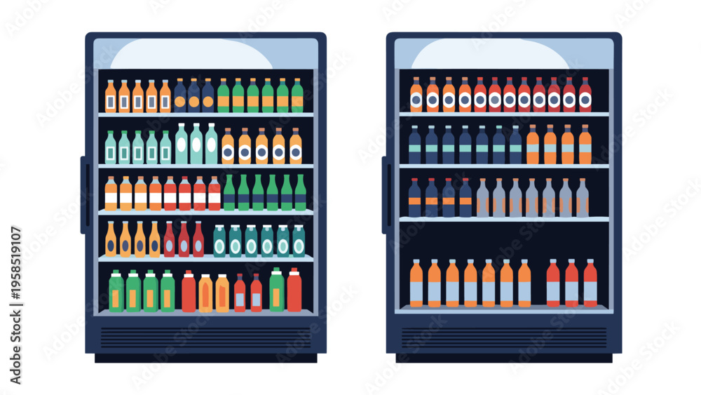 Fototapeta premium Commercial refrigerators in a grocery store or supermarket stocked with various rows of colorful bottled and canned beverages.