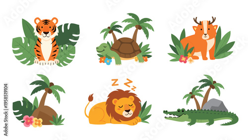 Collection of charming cartoon jungle animals including a tiger, turtle, deer, lion, and crocodile surrounded by tropical leaves.