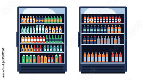 Commercial refrigerators in a grocery store or supermarket stocked with various rows of colorful bottled and canned beverages.