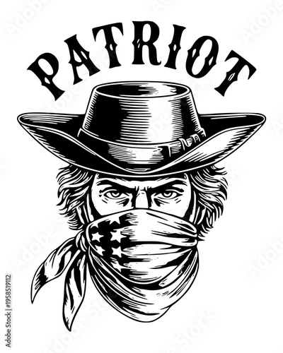 A cowboy with a bandana covering his face and a cowboy hat isolated on transparent background