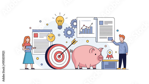 Business team working together to achieve financial goals with a large piggy bank, target with an arrow, and data documents.