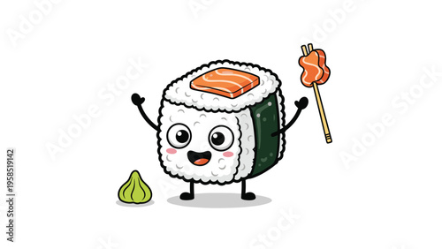 Happy sushi roll character holding a skewer with food and a small dollop of wasabi on the side against a clean white background.