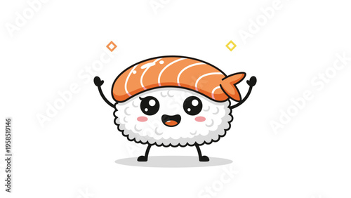 Cheerful cartoon sushi character with arms raised and a happy face representing a nigiri with a salmon topping on white.
