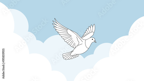 Graceful white dove of peace flying through a bright blue sky filled with soft white clouds representing hope and freedom.