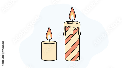 Two lit candles of different sizes including one tall orange striped candle and one short cream candle with flickering flames.