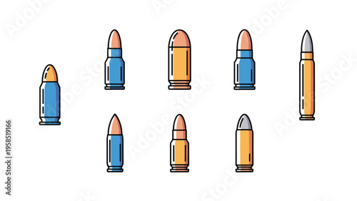 Array of different types of bullets and ammunition in various colors and shapes organized on a white background for comparison.