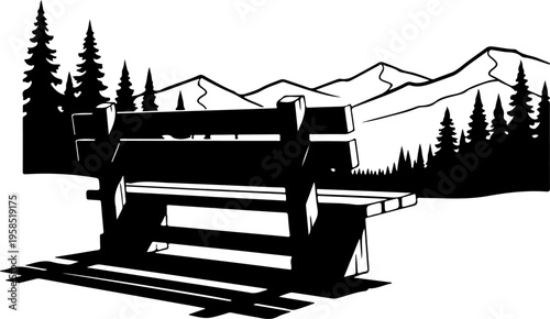 Black silhouette truck, forest landscape, mountain range, vector illustration