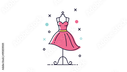 Stylish pink cocktail dress displayed on a mannequin surrounded by playful geometric shapes on white background.