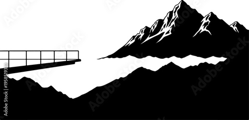 Mountain range silhouette, snow-capped peaks, black landscape, vector illustration, scenic view