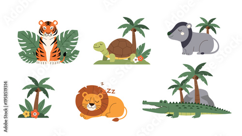 Group of cute cartoon jungle animals including a tiger turtle tapir lion and crocodile among tropical palm trees.