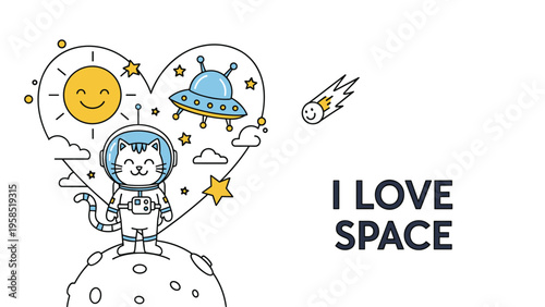 Adorable white cat astronaut standing on a moon surface with a heart shaped space scene in the background.