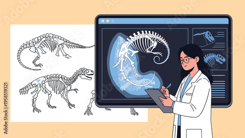 Female scientist or paleontologist studying a dinosaur embryo and skeletons on a high tech digital screen.