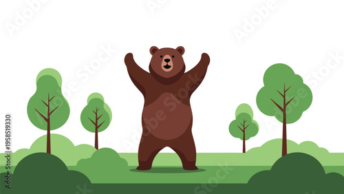 Large brown bear standing with paws raised in a peaceful green forest glade with stylized trees and bushes.