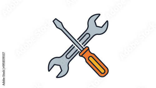 Crossed grey wrench and orange handled screwdriver representing tools for repair maintenance and construction.